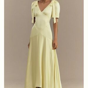 Anthropologie Pale Yellow Maxi Dress with Bow Sleeve Detail